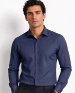 Navy Blue Plain Slim Fit Cotton Blend Shirts