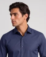 Navy Blue Plain Slim Fit Cotton Blend Shirts - Image 2
