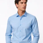 Blue Plain Slim Fit Cotton Blend Shirts