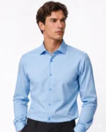 Blue Plain Slim Fit Cotton Blend Shirts