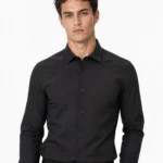 Black Plain Slim Fit Cotton Blend Shirts