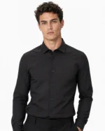 Black Plain Slim Fit Cotton Blend Shirts