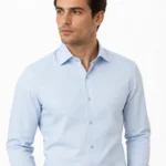 Sky Blue Plain Slim Fit Cotton Blend Shirts