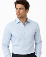 Sky Blue Plain Slim Fit Cotton Blend Shirts